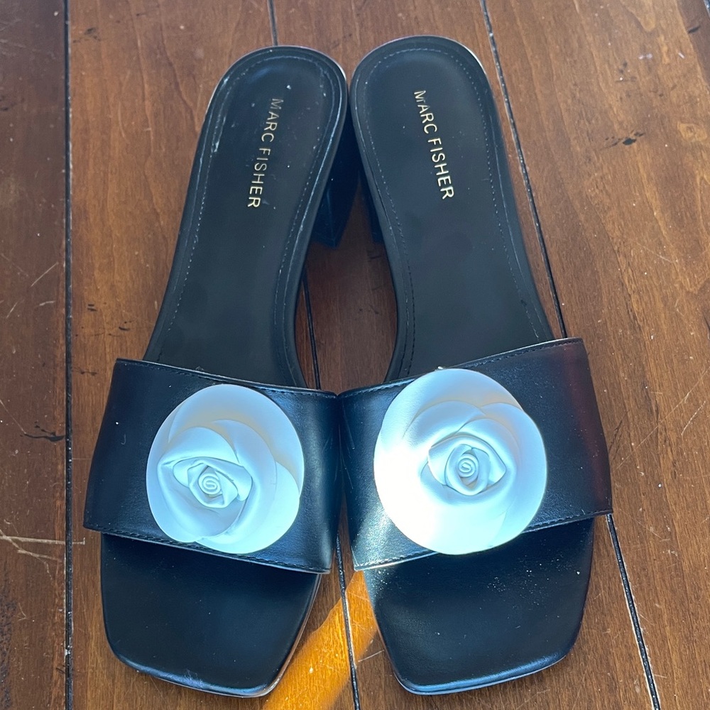 Marc Fisher Black Mules with White Floral Accent